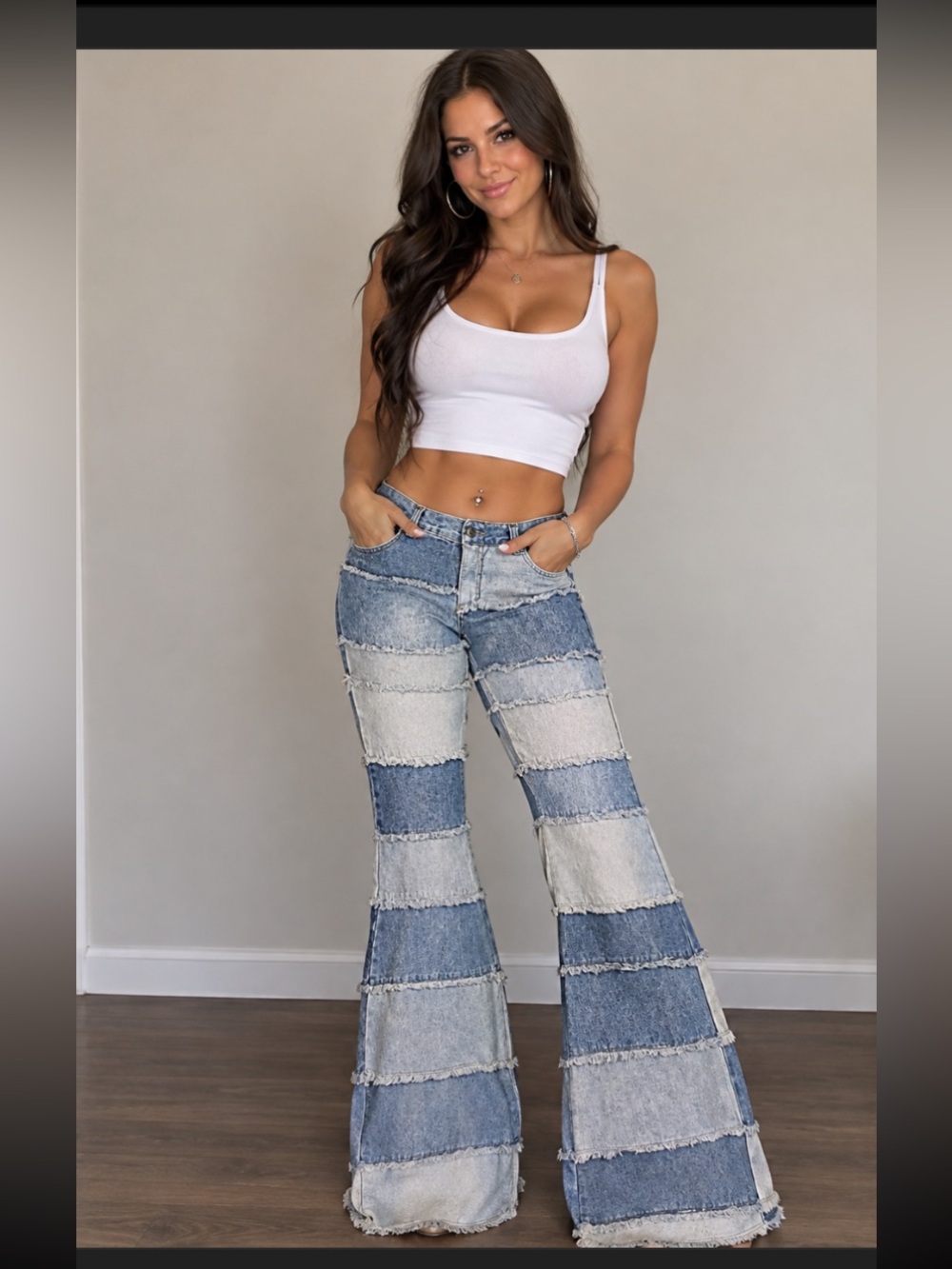 Zana Di Two-Tone Patchwork Wide Leg Jeans in Light & Medium Blue